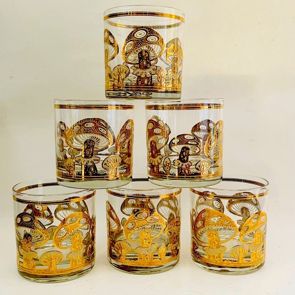 Set of 6 Vintage MCM Gold Mushroom Low Ball Drinking Glasses CULVER LTD